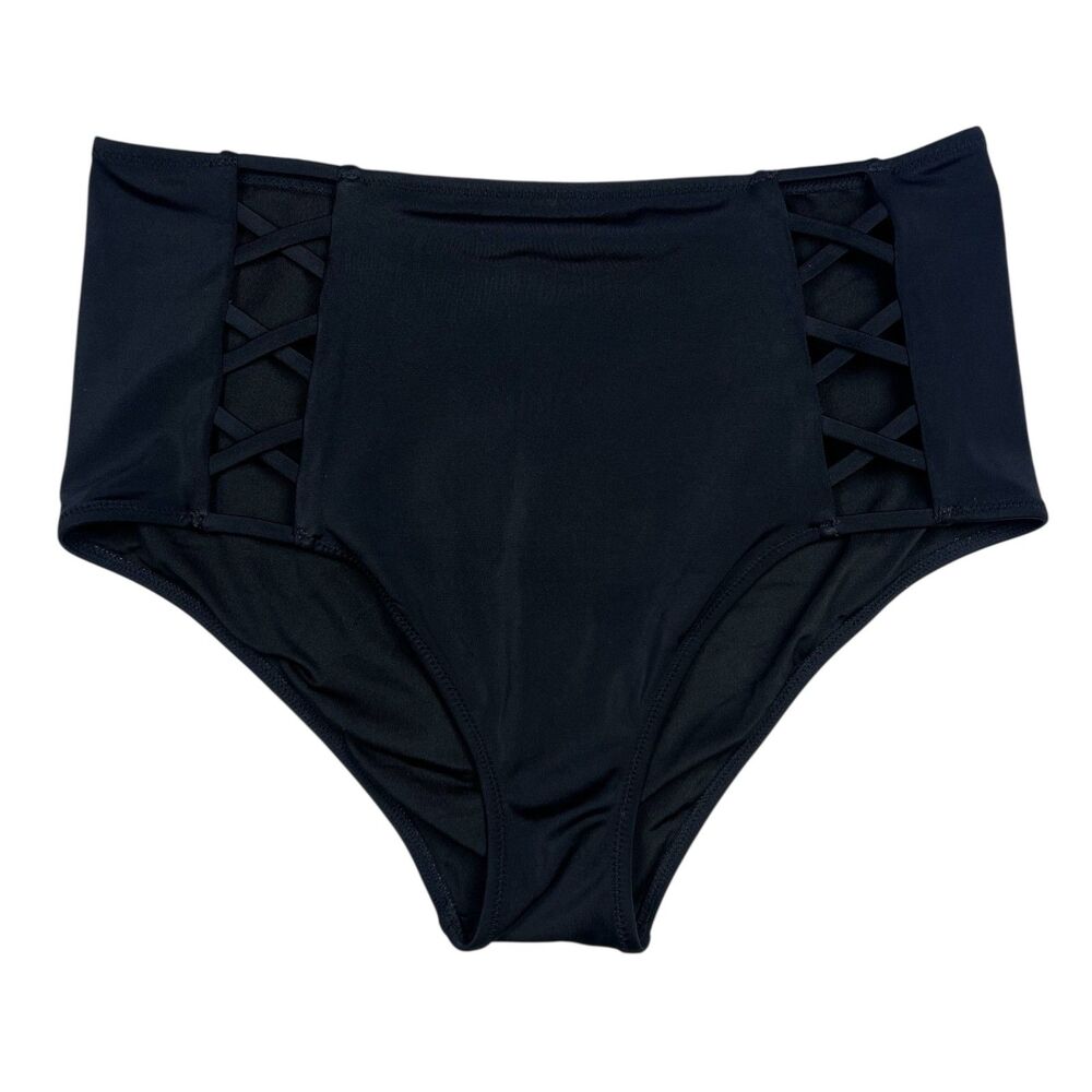 Shade & Shore Black High Waist‎ Caged Bikini Bottom Size Medium Cheeky Coverage